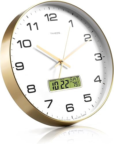 Miniatura 2 de TIMESS Reloj de pared, esfera grande de 14 pulgadas, silencioso, funciona con pilas, analógico con pantalla LCD para calendario perpetuo y