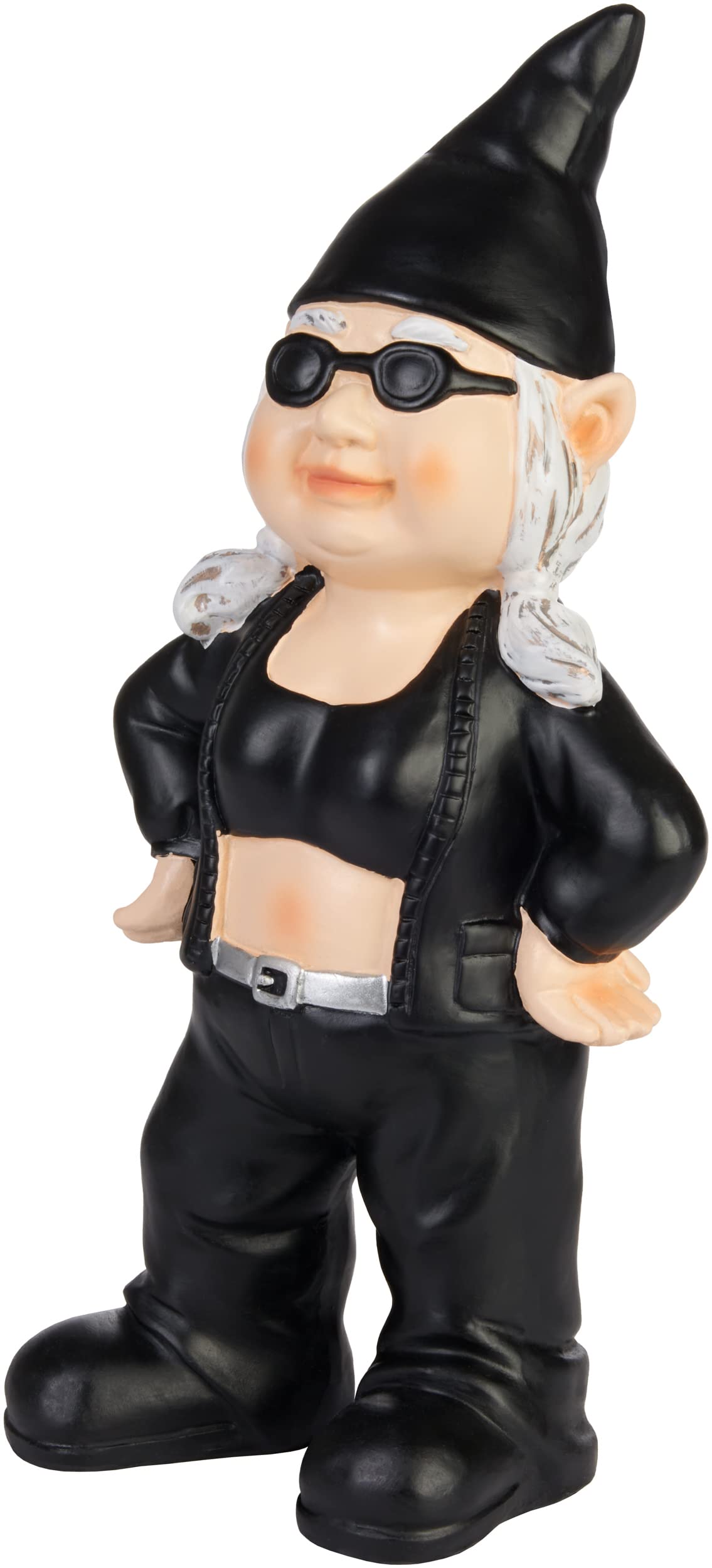 BRUBAKER Gnomo de Jardín Guay Motorista Negra - Enana Rockera con Gafas de Sol - Divertida Decoración Resistente a la Intemperie para el Jardín y Camping - 23 cm de Altura