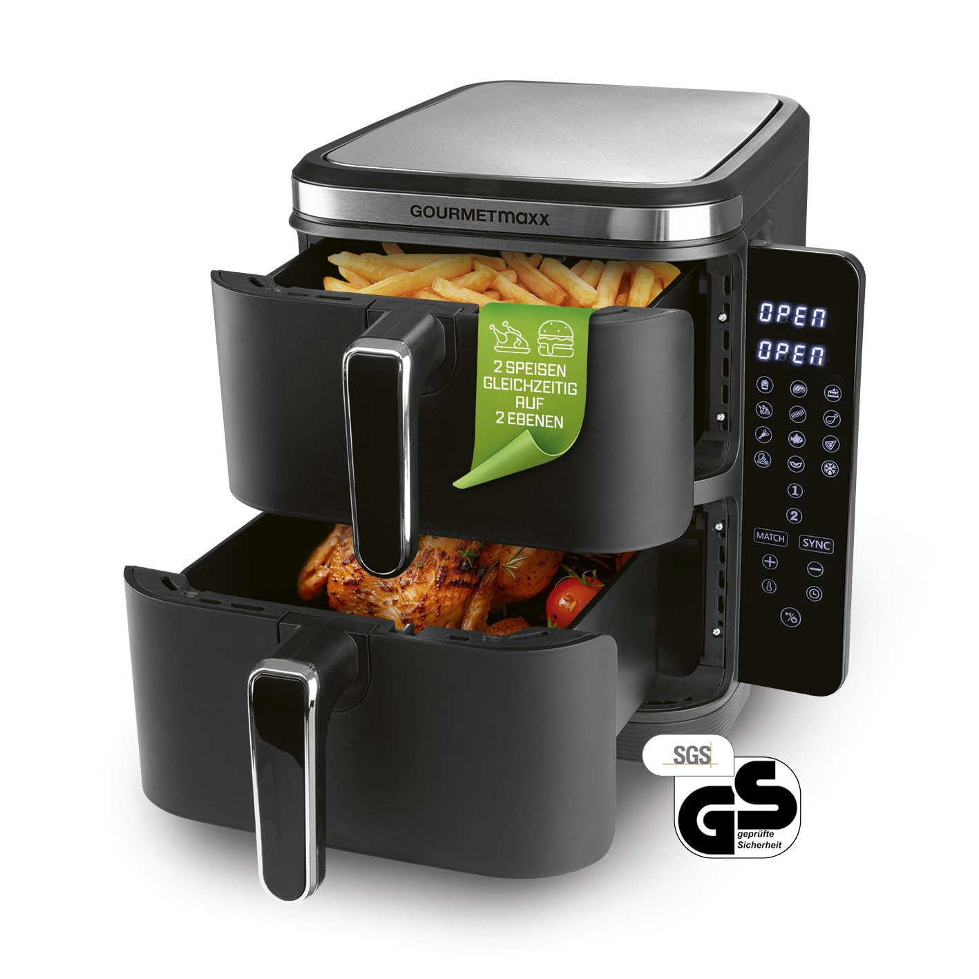 GOURMETmaxx FryUp pionowa frytkownica z podwójną komorą | Airfryer 10 litrów | 4 potrawy na 4 poziomach | składany wyświetlacz dotykowy | 32% oszczędność miejsca | frytkownica na gorące powietrze, 2