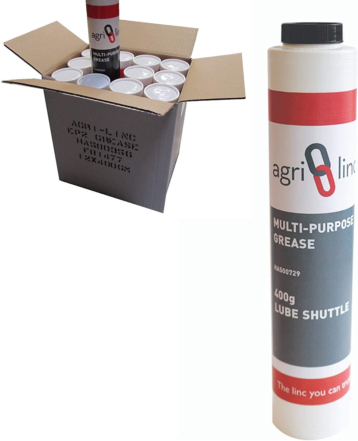 Lube Shuttle Box of 12 EP2 General Purpose Brown Grease Cartridges, £3.15 per Cartridge, EP2 Lithium Grease 400g/14oz Lube Shuttle for Grease Gun, by Agri-Linc