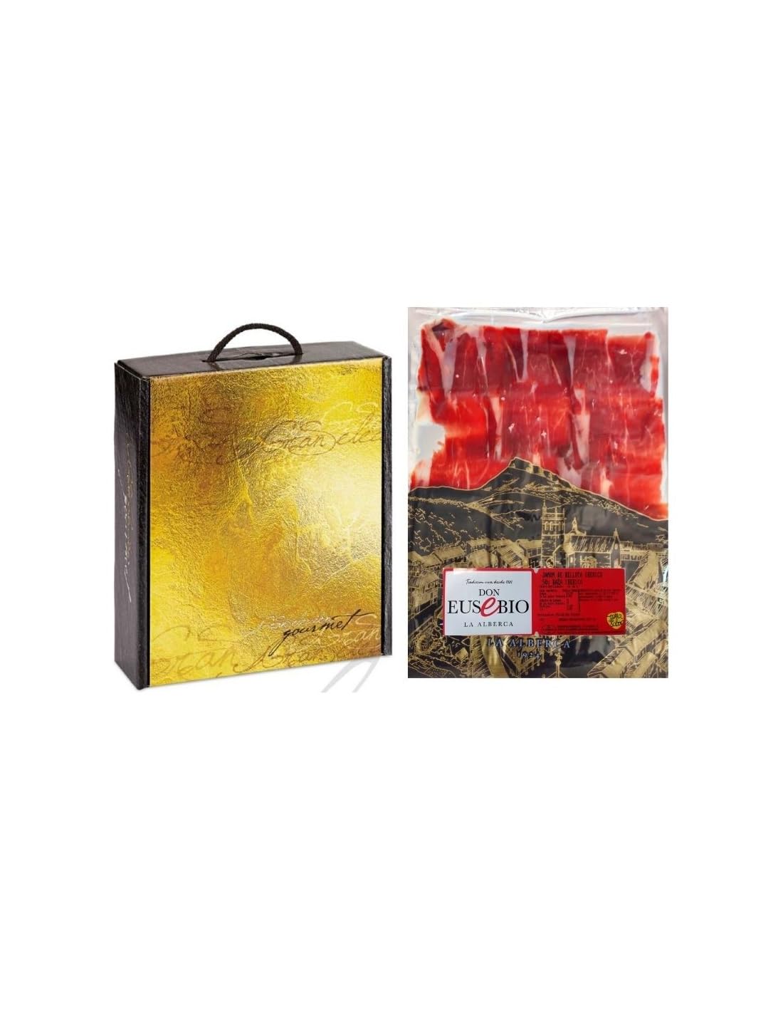 1 Kg Jamón de bellota Ibérico 50% raza ibérica cortado a cuchillo Pata Negra + caja regalo con asa