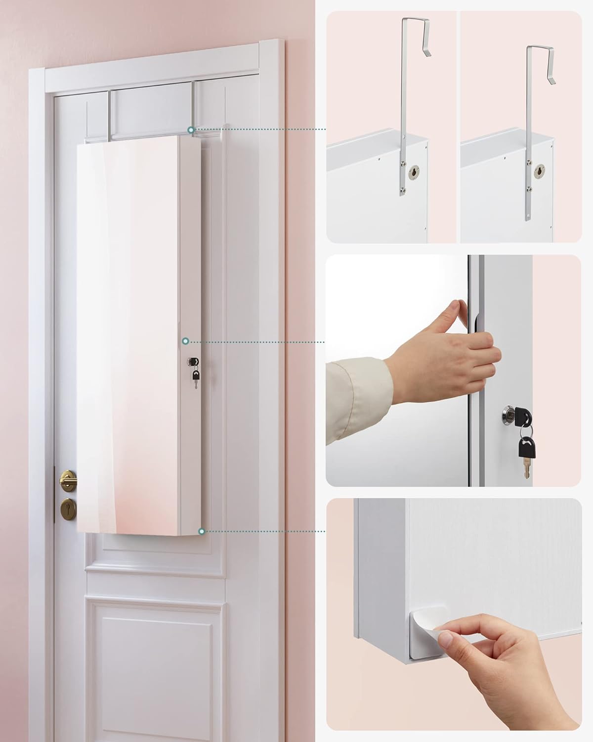 Skýringarmynd sem sýnir uppsetningarskref fyrir skartgripaskápinn, þar á meðal að festa króka, loka hurðinni og setja á botnpúða.