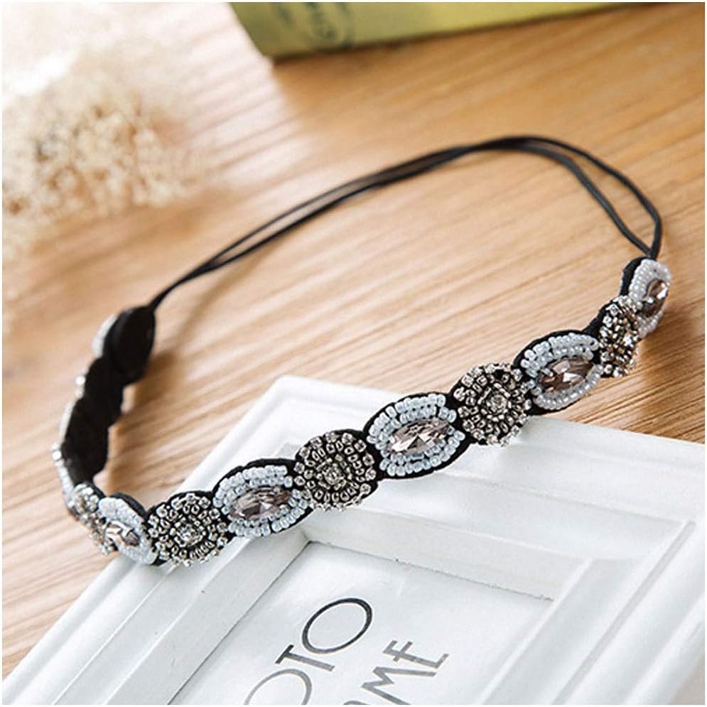 Giwotu Vintage Ethnic Turquoise Metal Beads Flower Rhinestone Headband Women Girls Rhinestones Crystal Flower Elastic Headband Hair Accessories White