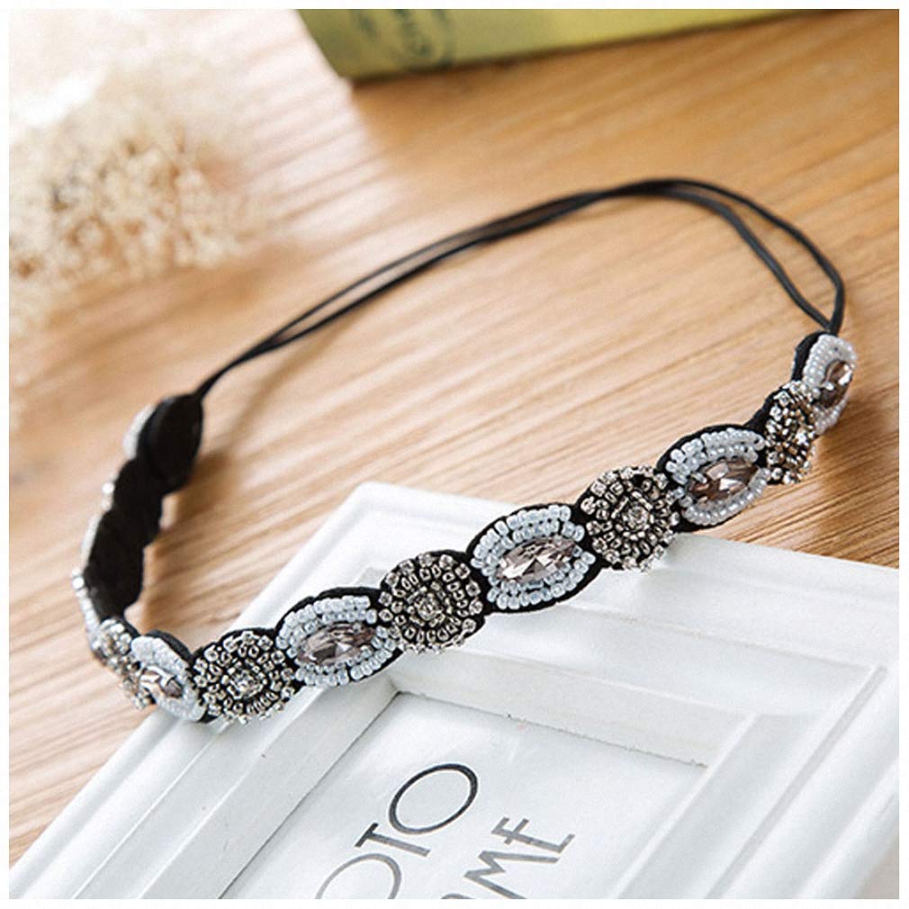 Giwotu Vintage Ethnic Turquoise Metal Beads Flower Rhinestone Headband Women Girls Rhinestones Crystal Flower Elastic Headband Hair Accessories White