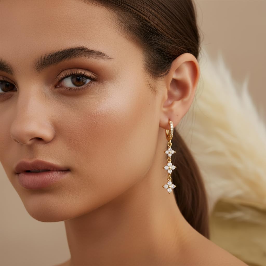 Gold Dangle Drop Earrings for Women, Trendy 14K Gold Plated Dangle Cubic Zirconia Pave Huggie Hoops, Hypoallergenic Long Dangling Drop Earrings CZ Hanging Jewelry Gifts for Her - Image 2