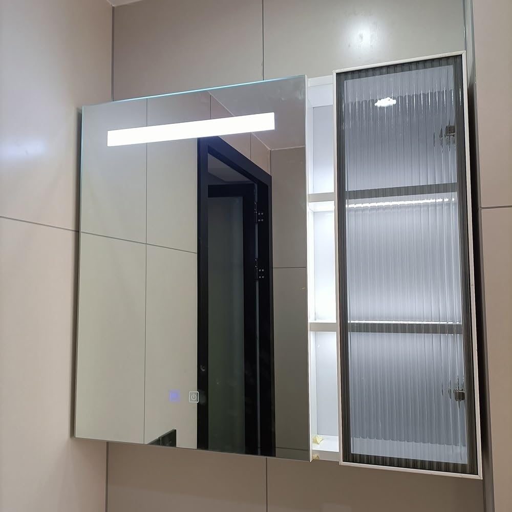 Lustro łazienkowe LED szafka na lekarstwa przeciwmgielne nowoczesne aluminiowe przechowywanie z inteligentnym dotykiem 96.5 cm wodoodporna konstrukcja stylowe lustro z szafką kolor A rozmiar 85
