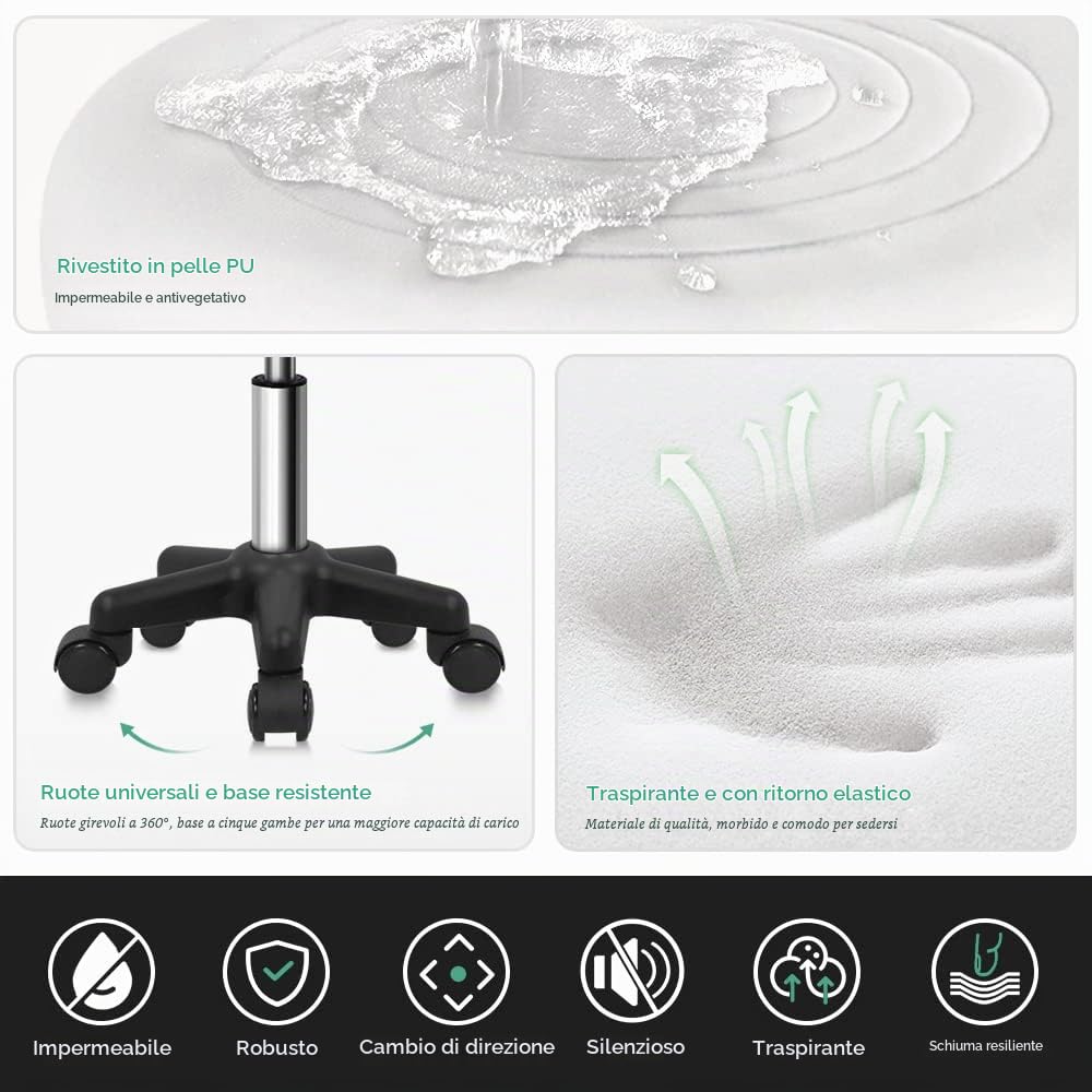 FURWOO Sgabello girevole rotondo con ruote PU Leahter Sgabello rotante altezza regolabile per Spa Salon Massaggio Bianco