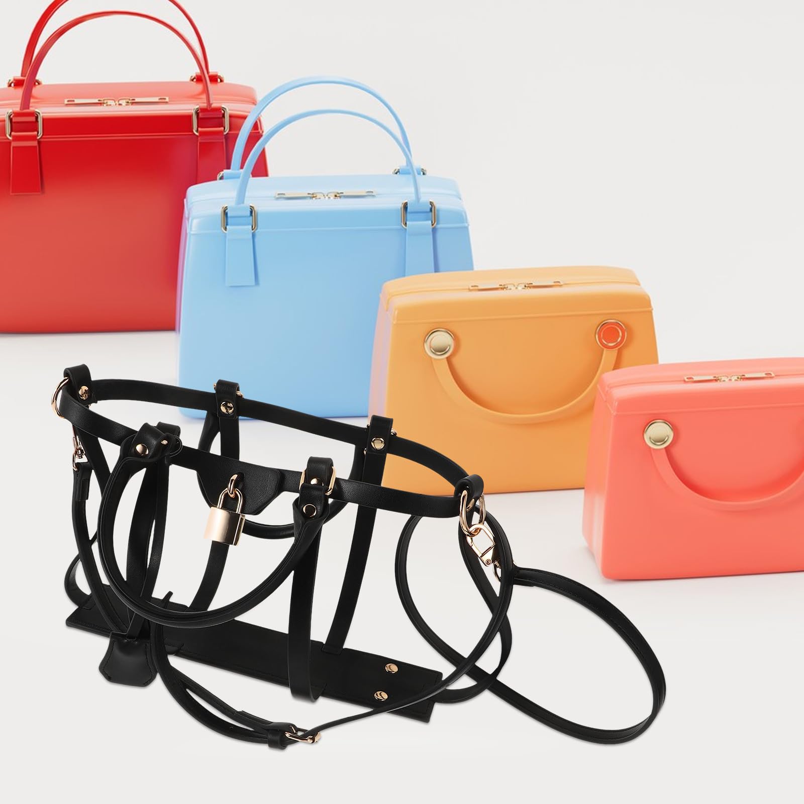 Conjunto Portátil de Accesorios para Bolsos de Mano con Diseño Retro en PU Negro, Soporte de Exhibición y Correa para Bolso Cruzado, Adecuado para Viajes y Uso Diario
