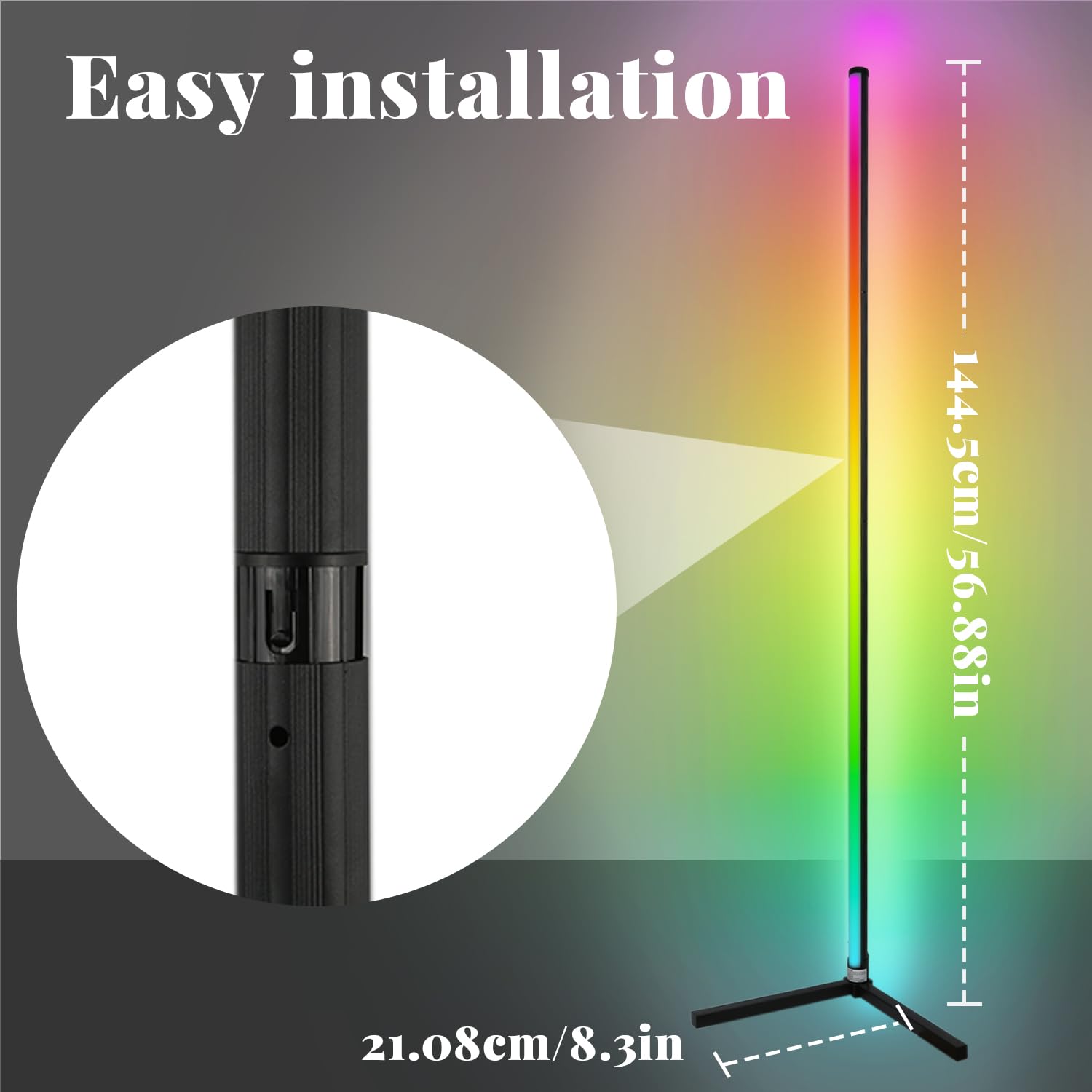 RGB Ecklampe Stehlampe, Stehlampe Wohnzimmer mit APP-Steuerung und Fernbedienung, 16 Millionen Farben und 68+ Szenen. Farbwechsel-Umgebungslicht mit Musiksynchronisation