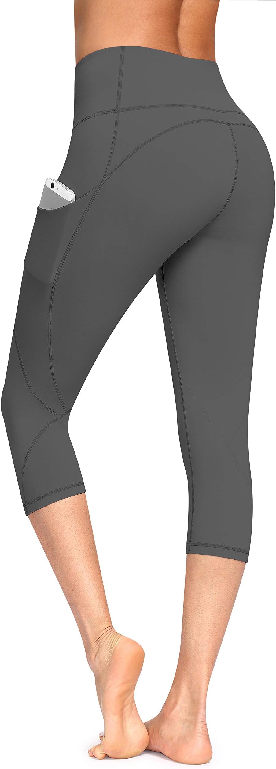 High Waist Yoga Pants - Capris Yoga Pants with Pockets 4 Ways Stretch, Tummy Control Workout Capris Leggings for Women (Capris Grey-XL)