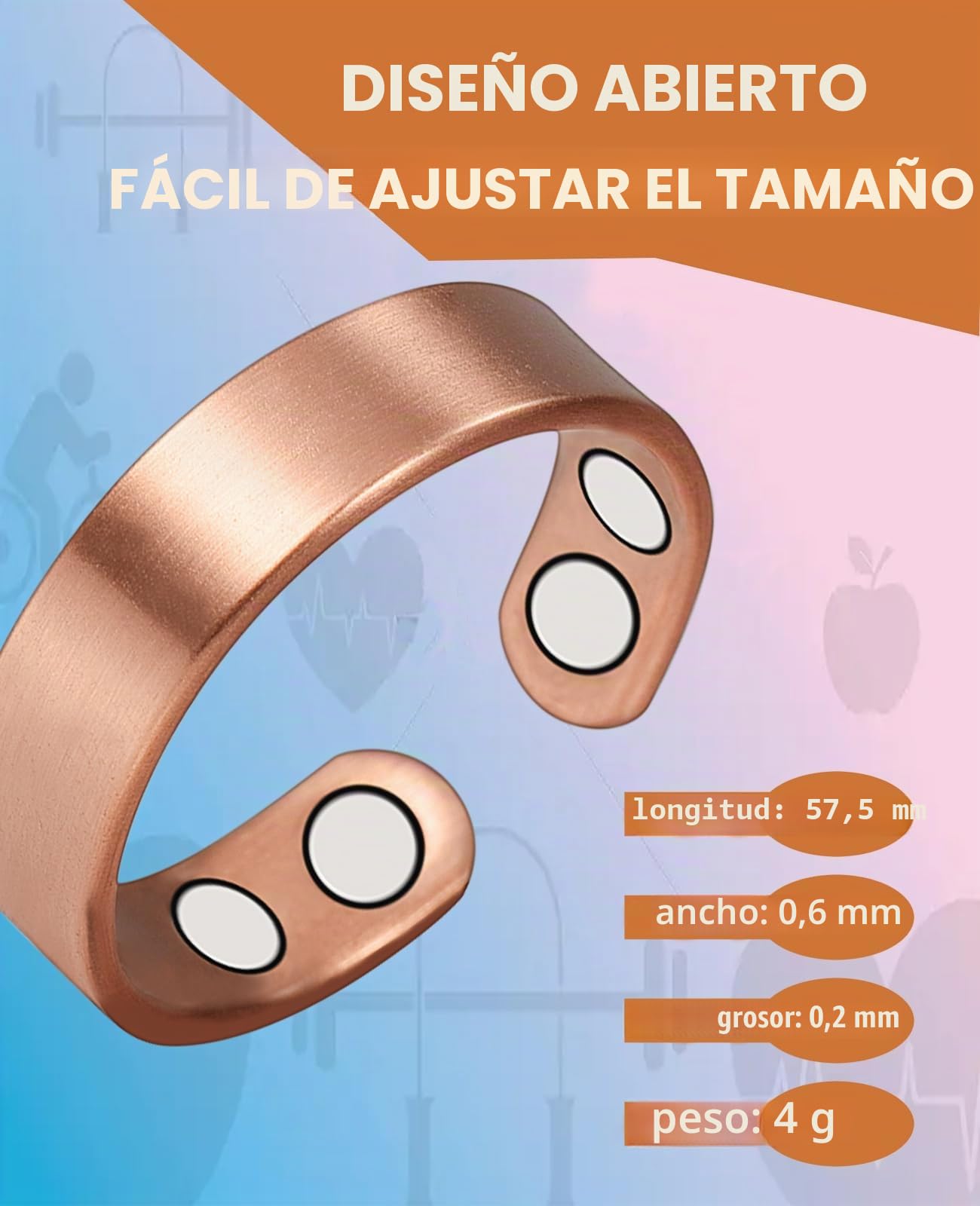 Anillos de cobre para artritis para mujer, anillos magnéticos de cobre puro, alivio del dolor con 4 imanes ajustables magnéticos para curación y salud