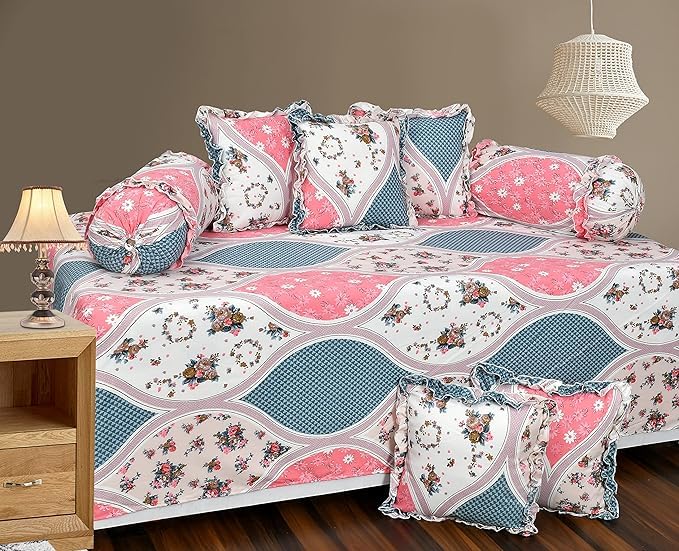 Premium Microfabric 220 TC 5pc bedsheet Set (1 King Size Bedsheet + 2 Pillow Covers + 2 Cushion Cover Filler) Heavy Quality(90 x 100 5pc Bedding Set) Peach (Samosa Diwan Frill Set)-image-0