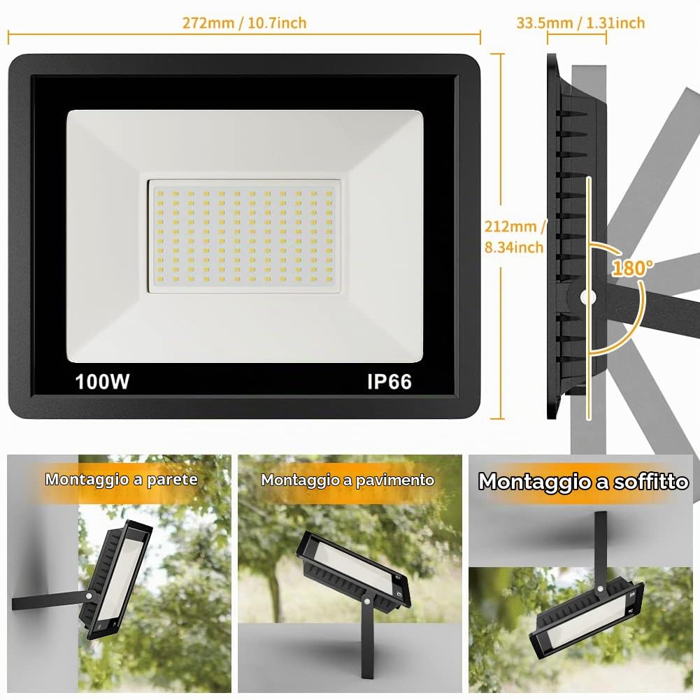JESLED Faretto LED da Esterno, 100W 10000LM Super Luminosa Faro, 144LED 6000K Bianco Freddo Faretti, Impermeabile IP66 Fari per Giardino Garage(Cavo da 1M)