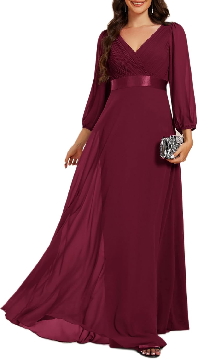 Ever-Pretty Women's Chiffon A-Line Floor Length V Neck Pleated Long Sleeves Evening Formal Dress 03890
