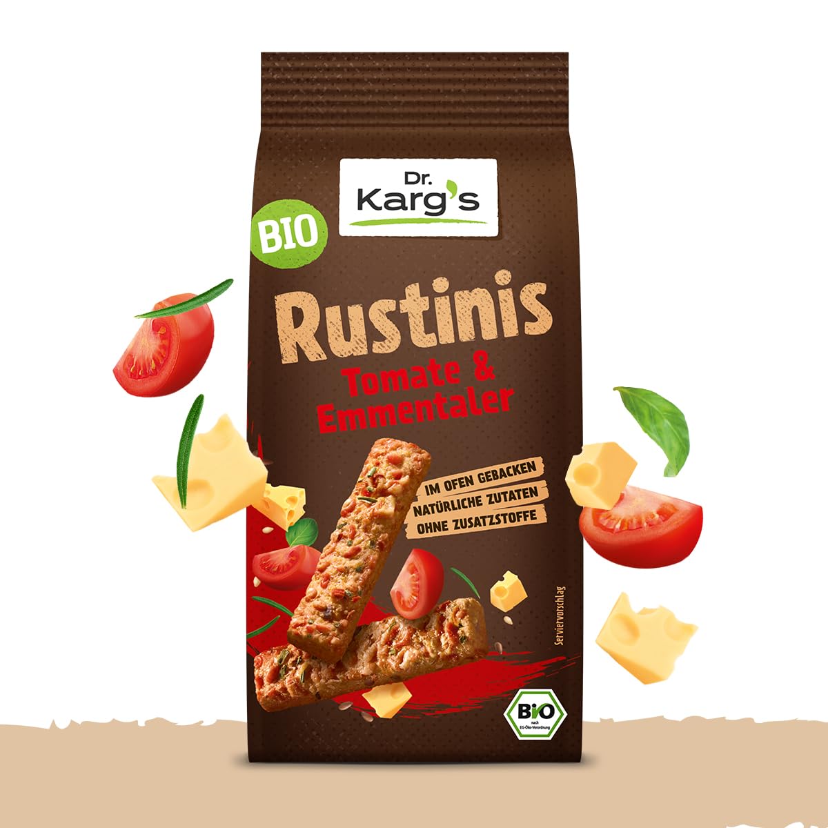 Dr. Karg’s BIO Rustinis Vollkorn-Knabberei Tomate & Emmentaler - knusprig, vegetarisch, Vollkorn Knuspergebäck, fruchtigen Tomaten & würzigem Emmentaler, ofengebacken, ohne Zusatzstoffe, 12x125g