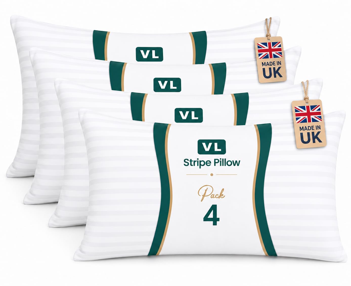 VL Hotel Quality Soft Stripe Pillows 4 Pack for Side Sleepers, Breathable Hollowfibre Filled Sleeping Pillows for Neck & Shoulder Comfort, Plush Bed Pillows for Better Sleep (4, Stripe pillows)