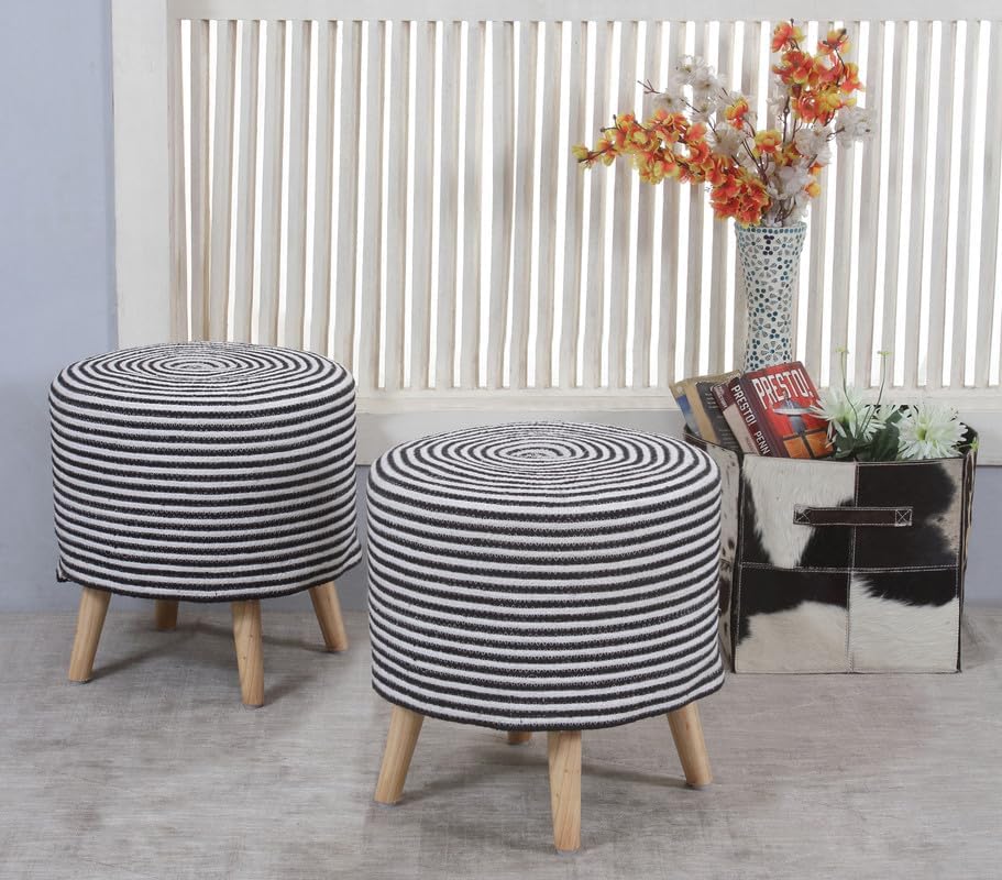 Sitting Solutions for Home - Wooden Frame Round Ottomans | Ottoman for Living Room Set of 2 for Sitting | Bedroom, Study & Makeup Table, 16x16x18 Inch (Black&White-Chakri-1)