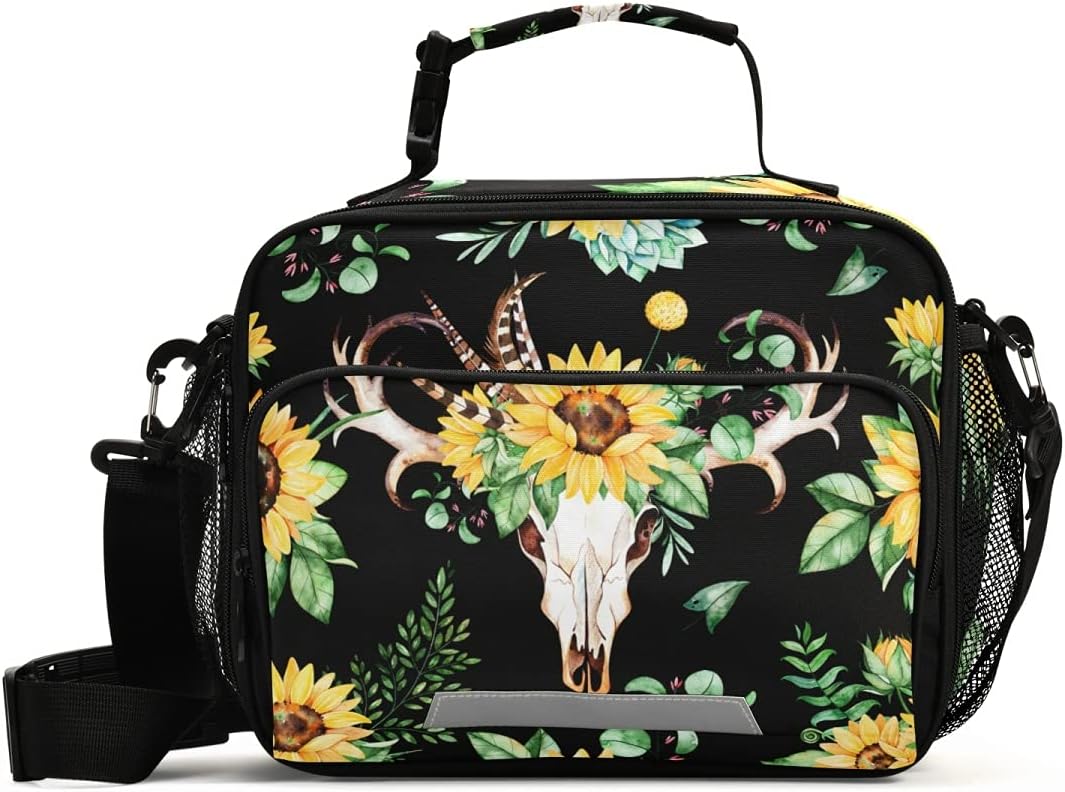 Lonchera reutilizable con diseño de girasoles a prueba de fugas, con cuernos de calavera, caja aislada resistente con correa ajustable, organizador