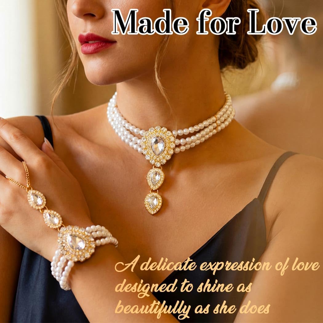 Brishow Pearl Choker Necklaces Set Green Crystal Bridal Jewelry Sets for Wedding Layered Pearl Costume Jewelry Bracelets Set for Women - Image 3