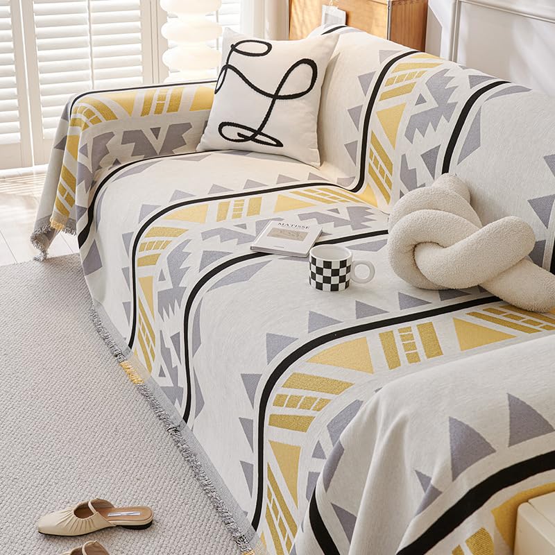 Housse de canapé en chenille géométrique L 180x420 cm antidérapante universelle