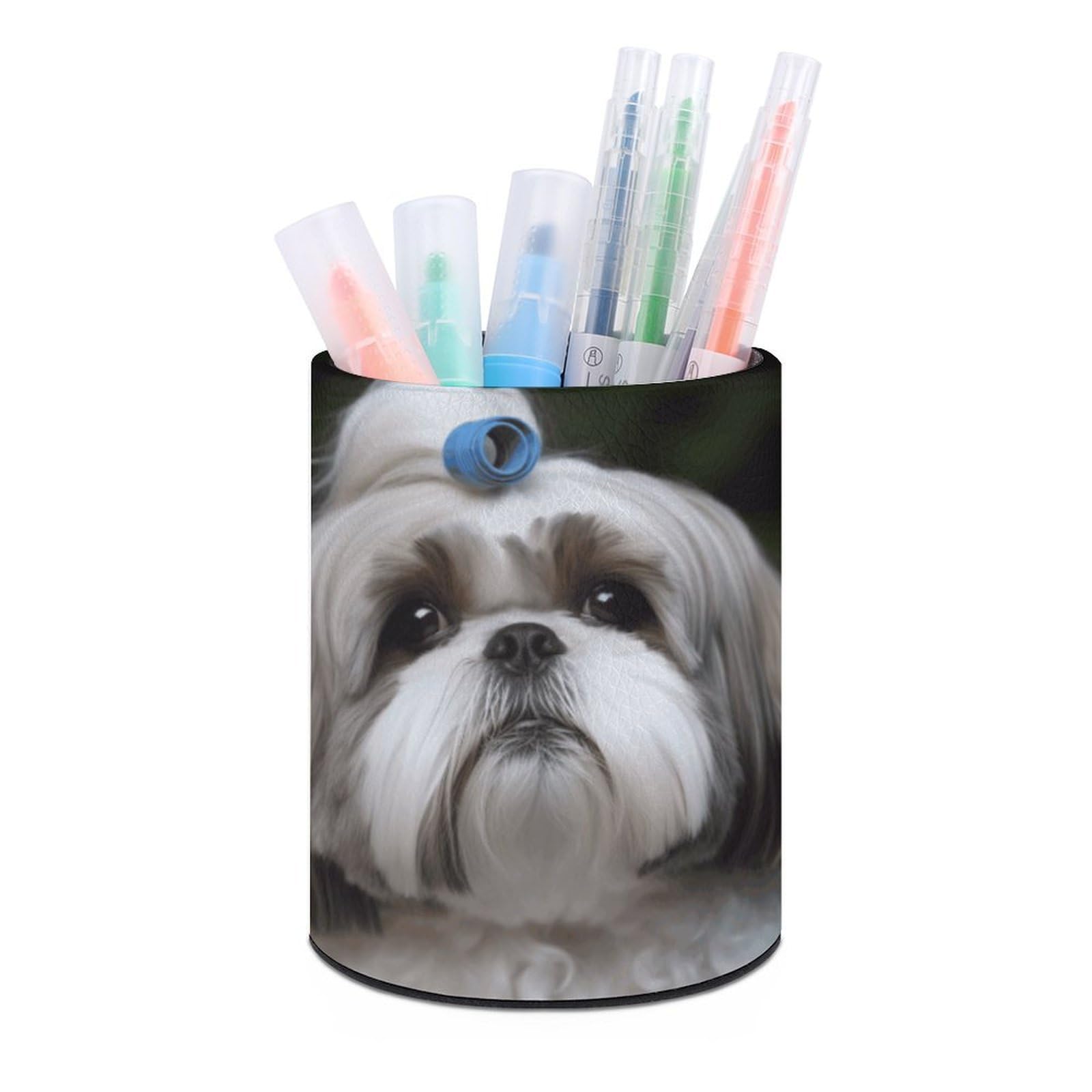 VstaDank Shih Tzu Dog Pen Holder PU Leather Pencil Cup Minimalist Desk Pencil Holder Round Make Up Brush Organizers For Office Dorm Room&Vanity Desk Accessories
