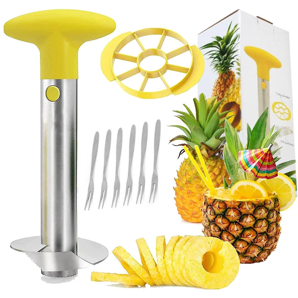 Ananassnijder, dunschiller, roestvrij staal, ananasmes, suikerrietmes, klem voor het verwijderen van de pitten en ananasvork, bananensnijder voor ananas, suikerriet, banaan (4 stuks