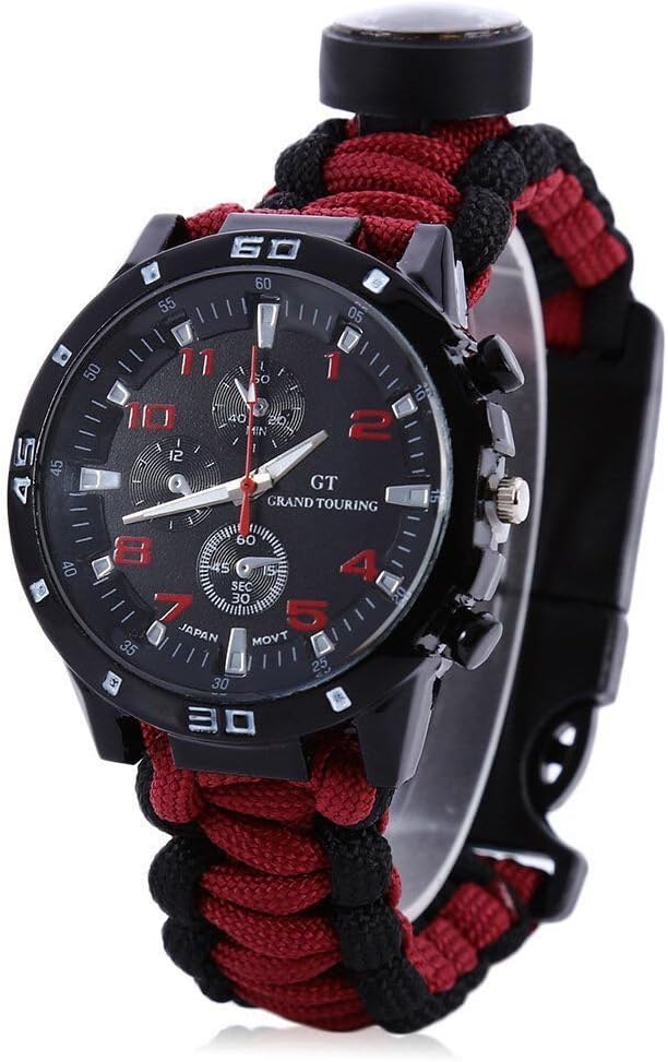 RED/Black-Upgraded Survival Watch - Deluxe Survival Gear - Paracord Watch with Thermometer, fire Starter, Whistle, Compass and More - Premier Tactical Gear