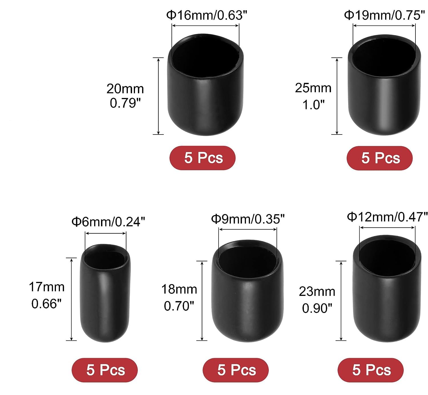 MACHSWON 25pcs Rubber End Caps 5 Size (6mm 9mm 12mm 16mm 19mm) - Image 2