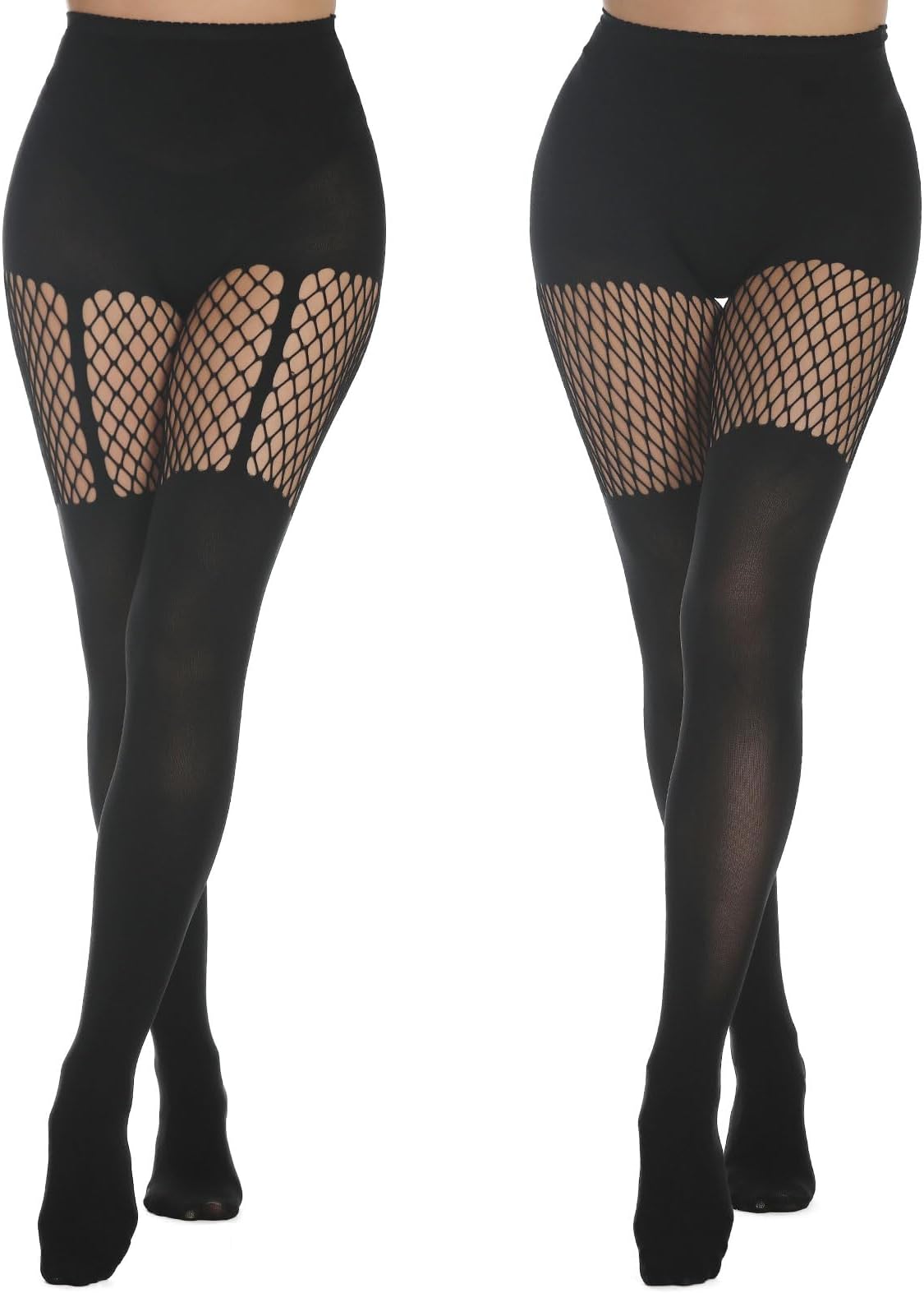 2 Pairs Women's Suspender Opaque Fishnet Stockings Thigh High Mesh Fishnets Black Stocking Tights