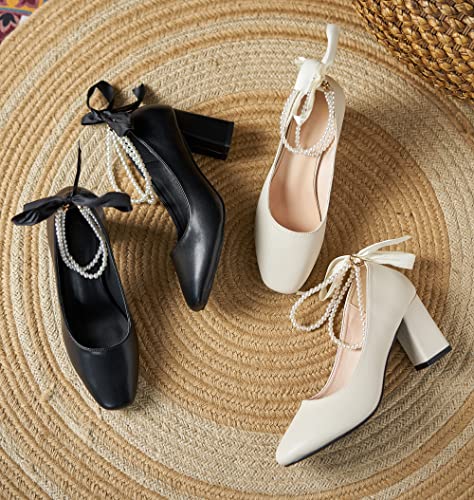 LizFoYa Women Elegant Square Toe Dress Pumps Ankle Strap Bow Accent Bridal Pumps Comfort Chunky Heels3