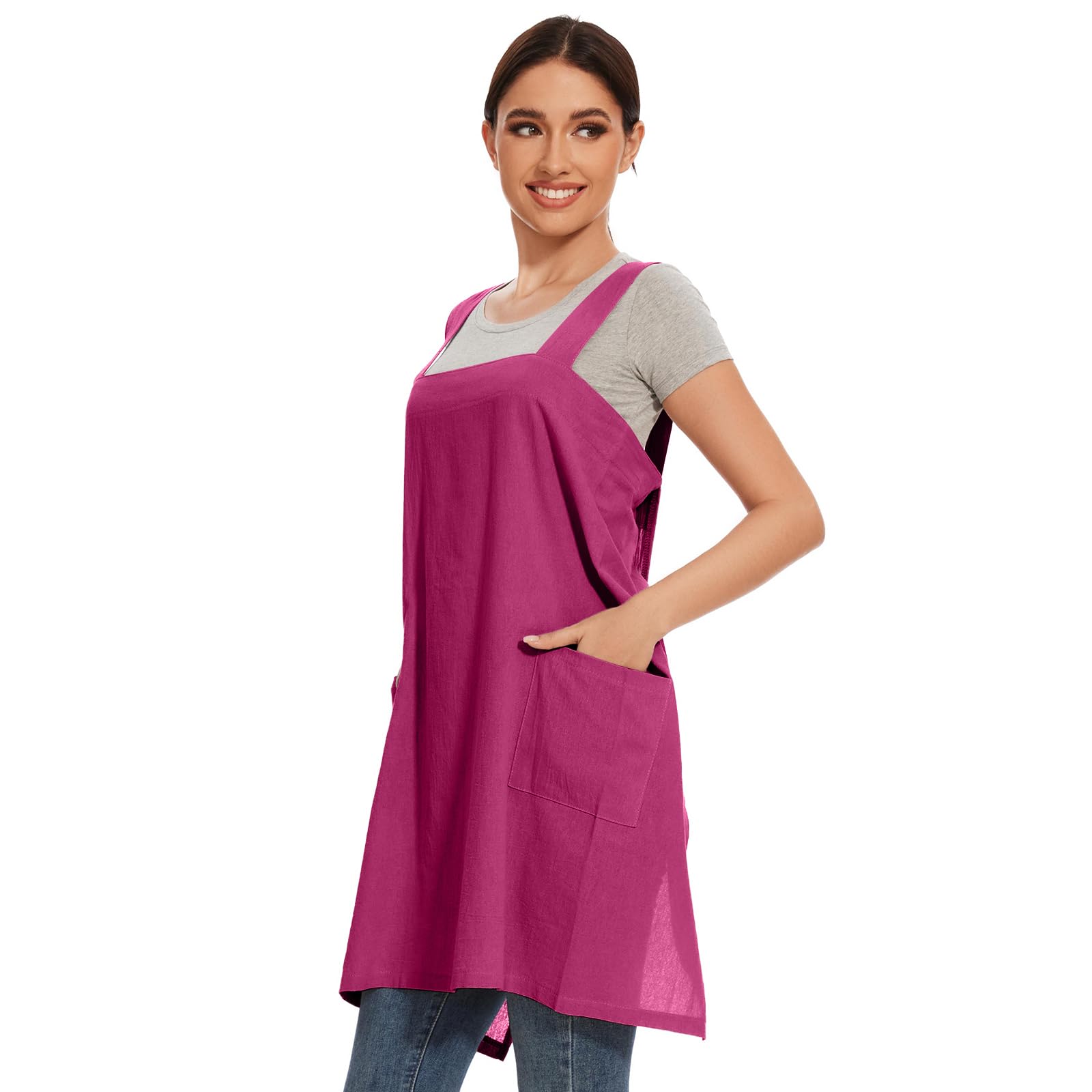 Dianinfa Women Cotton Linen Apron with 2 Pockets Kitchen Baking Cooking Chef Cross Back Pinafore Dress for Work Restaurant Gardening