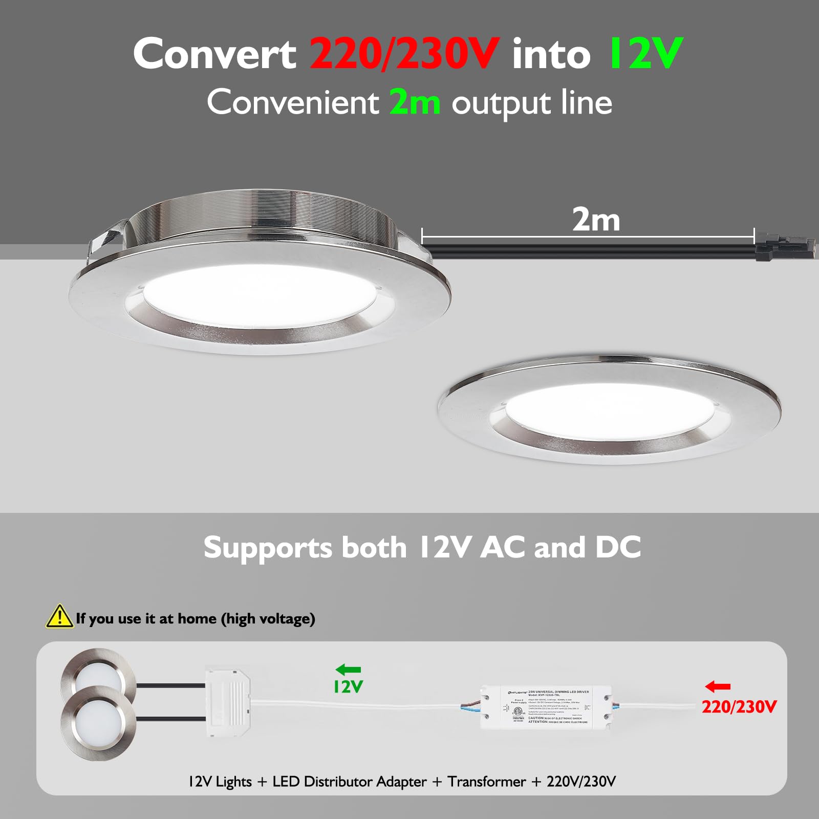 HCFEI Set van 3 inbouwspots, 12 V, ultra plat, 3 W led-inbouwspot, 55 mm gatuitsparing met 2 m kabel, IP44, plafondspot voor spiegelkasten, vitrines, meubels en kasten (wit 4000 K