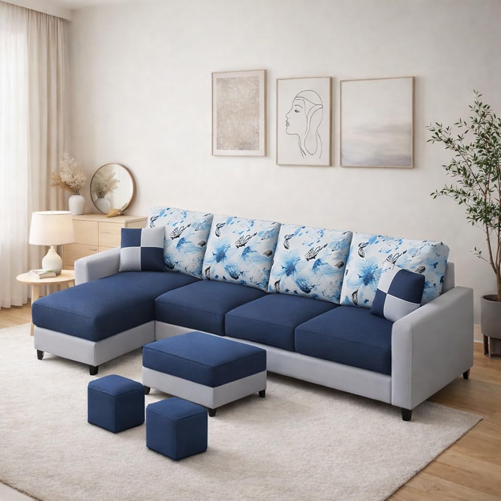 Casaliving Rolando 6 Seater LHS L Shape Sofa for Living Room with 2 Puffy - (Blue Grey) Premium Fabric Sofa
