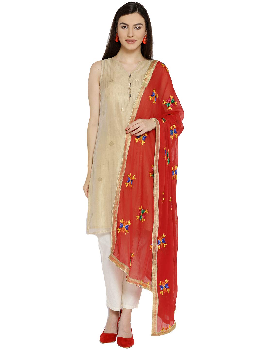 Weavers Villa Punjabi Hand Embroidery Phulkari Buty Work Faux Chiffon Red Dupatta, Stoles, 2.25 Mtrs