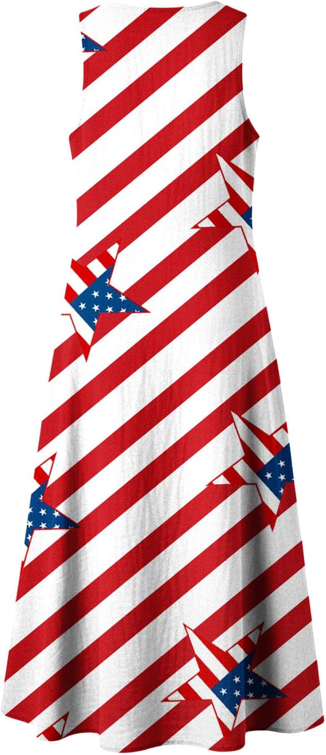 Womens 4th of July Maxi Dress American Flag Sleeveless Sundress Star Striped Print Patriotic Dress with Pockets