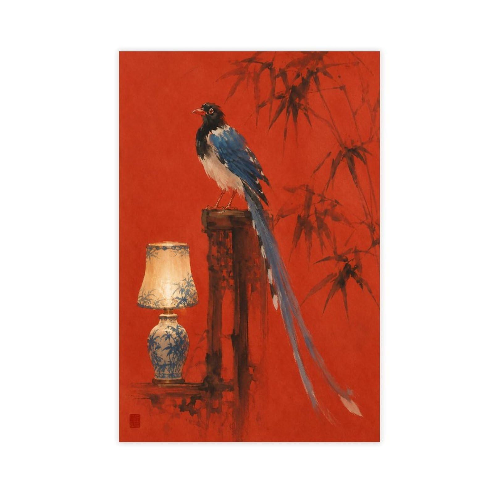 H3b8u2y5 Unframe-Style-23 Blue Macaw On Lamp Canvas Wall Art, Red Bamboo Gallery Wall