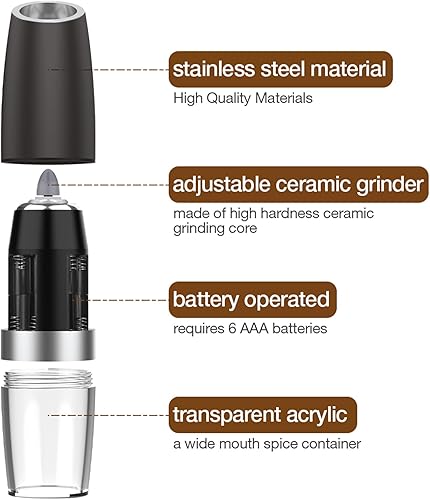 Miniatura 2 de Gravity - Juego de 2 molinillos eléctricos de sal y pimienta, grosor ajustable, molinillo automático, funciona con pilas con luz LED azul, funciona