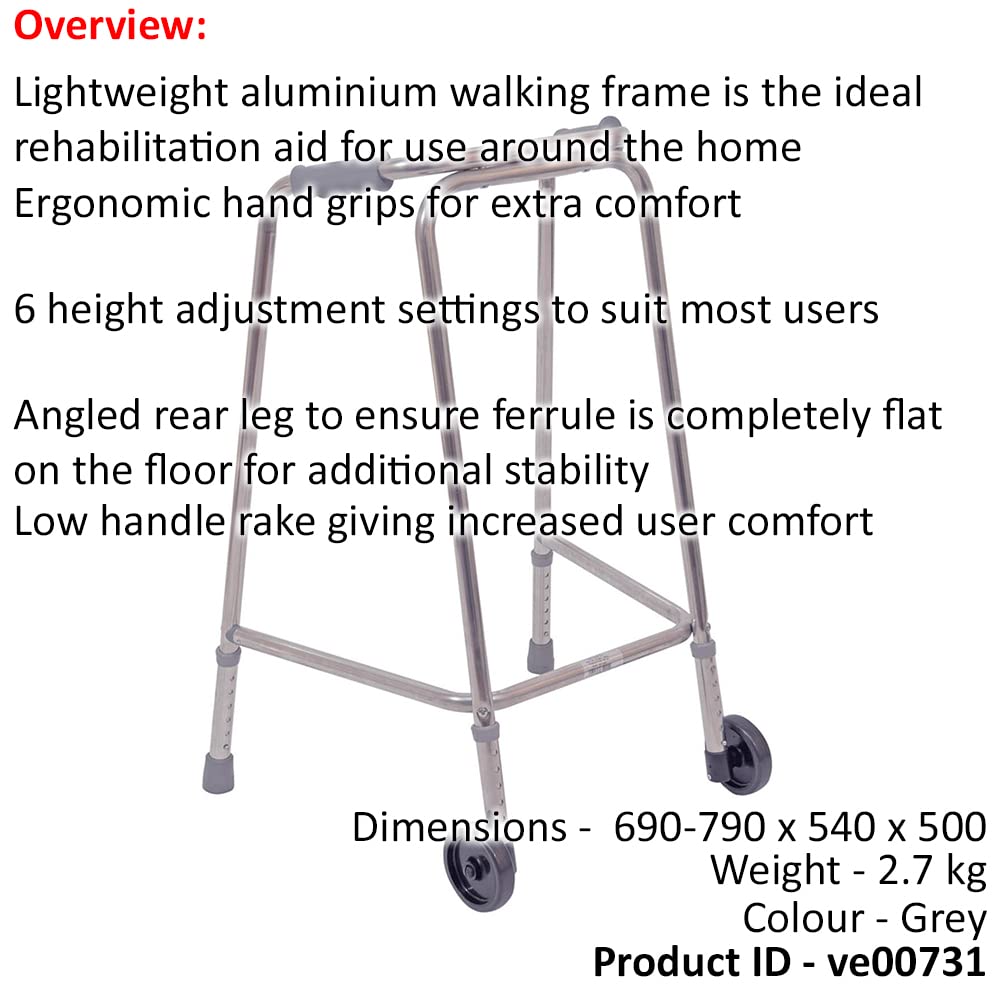 Ultra wąska rama do chodzenia z kółkami, smukła konstrukcja, szerokość 520 mm, mała, lekkie aluminium, antypoślizgowe gumowe okucia, ergonomiczne uchwyty, pomoc w chodzeniu rehabilitacyjnym