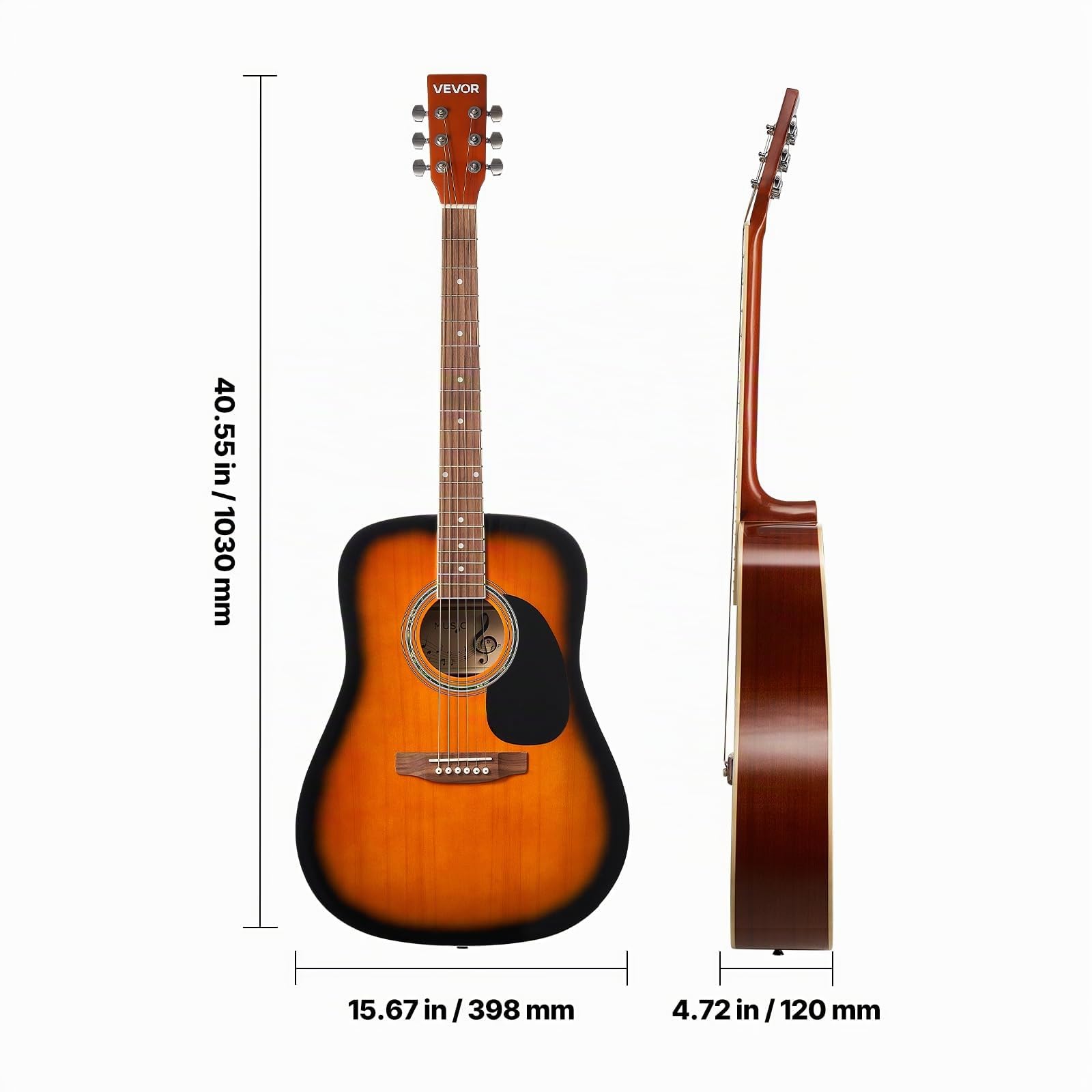 VEVOR Chitarra Acustica Dreadnought da 1041,4 mm Chitarra Acustica a 6 Corde con Tavola Armonica in Abete Massello Sunburst, Custodia Morbida, Accordatore, Tracolla, Corde in Acciaio, Capotasto