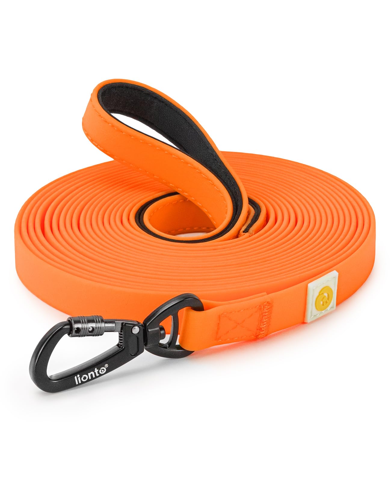 lionto Weatherproof Recall Lead with 360° Safety Carabiner, 5 m, with Bag and Padded Hand Loop, Robust Nylon Fabric Dog Lead with PVC Coating for Dog Training, Orange