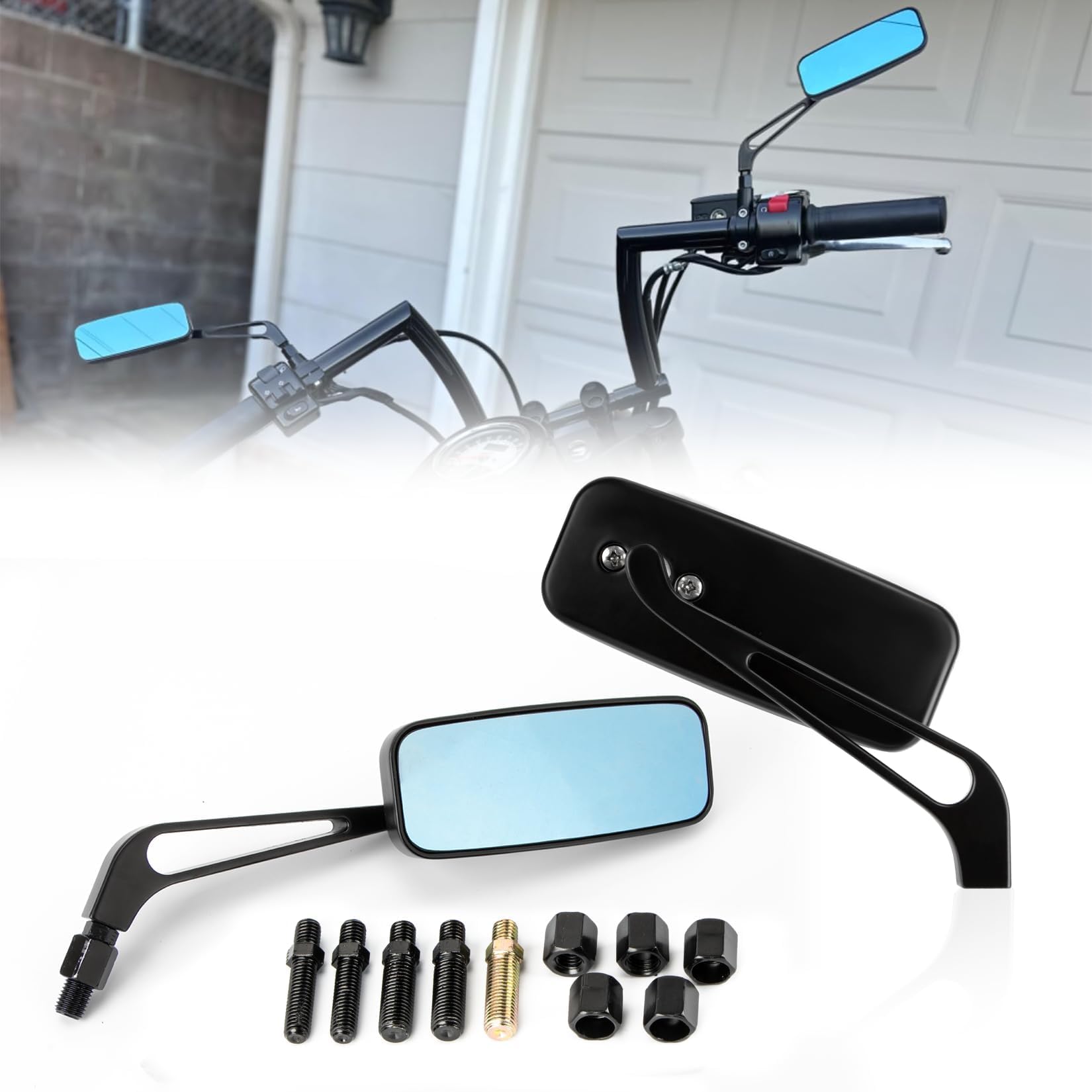 PSLER Specchietti Retrovisori Laterali Rettangolari per Moto - 8mm/10mm Adatti per Road Glide Street Glide Sportster 48 883 120 Chopper Softail Bobber Cruiser (Nero)