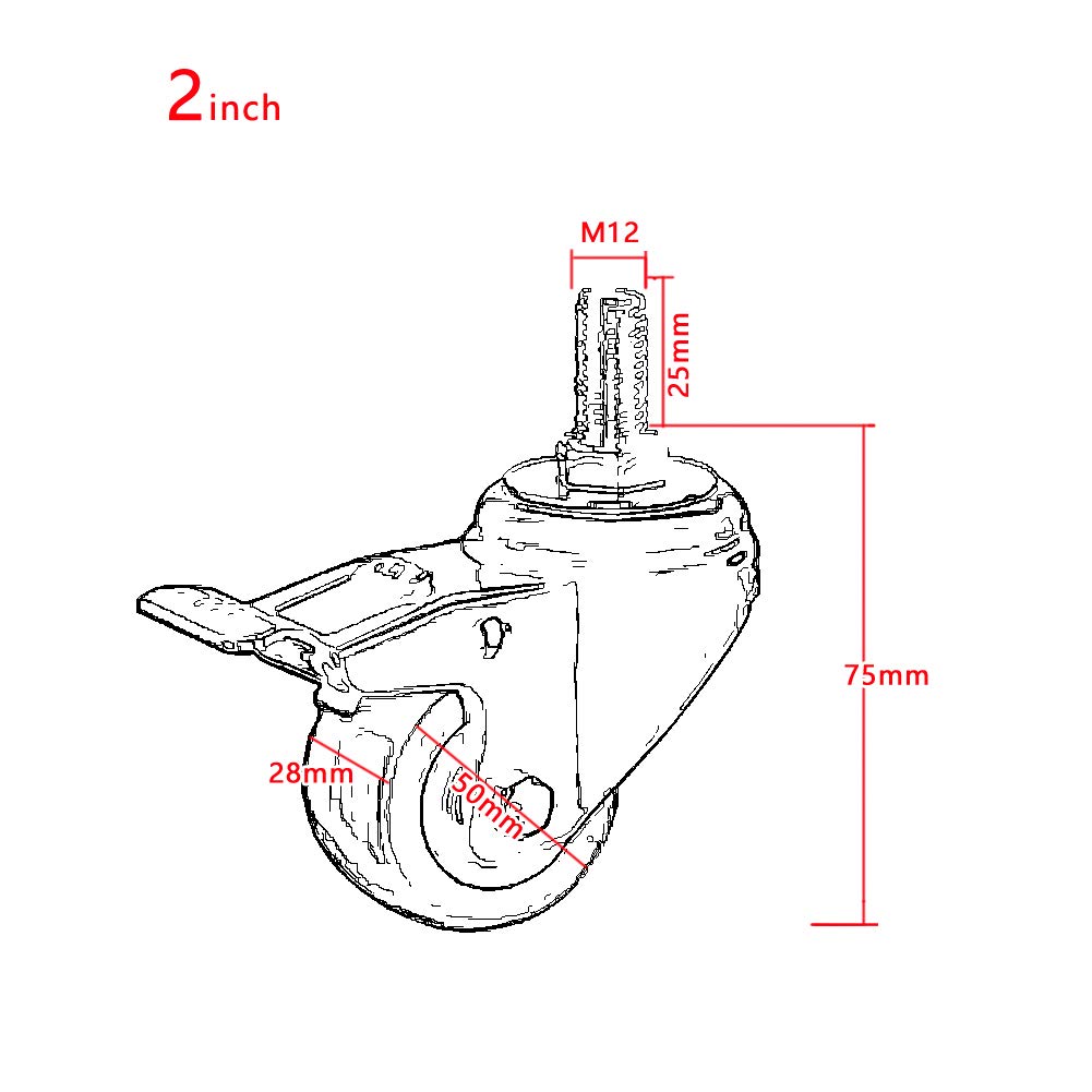 Gewinde M12 Möbelrollen 2 '' 50mm Schwerlastrollen 200 kg Leise PU drehbare Industrierollen Doppellager mit Bremse Lenkrollen fur Krippe Bürostuhl Sofa 4 Stück
