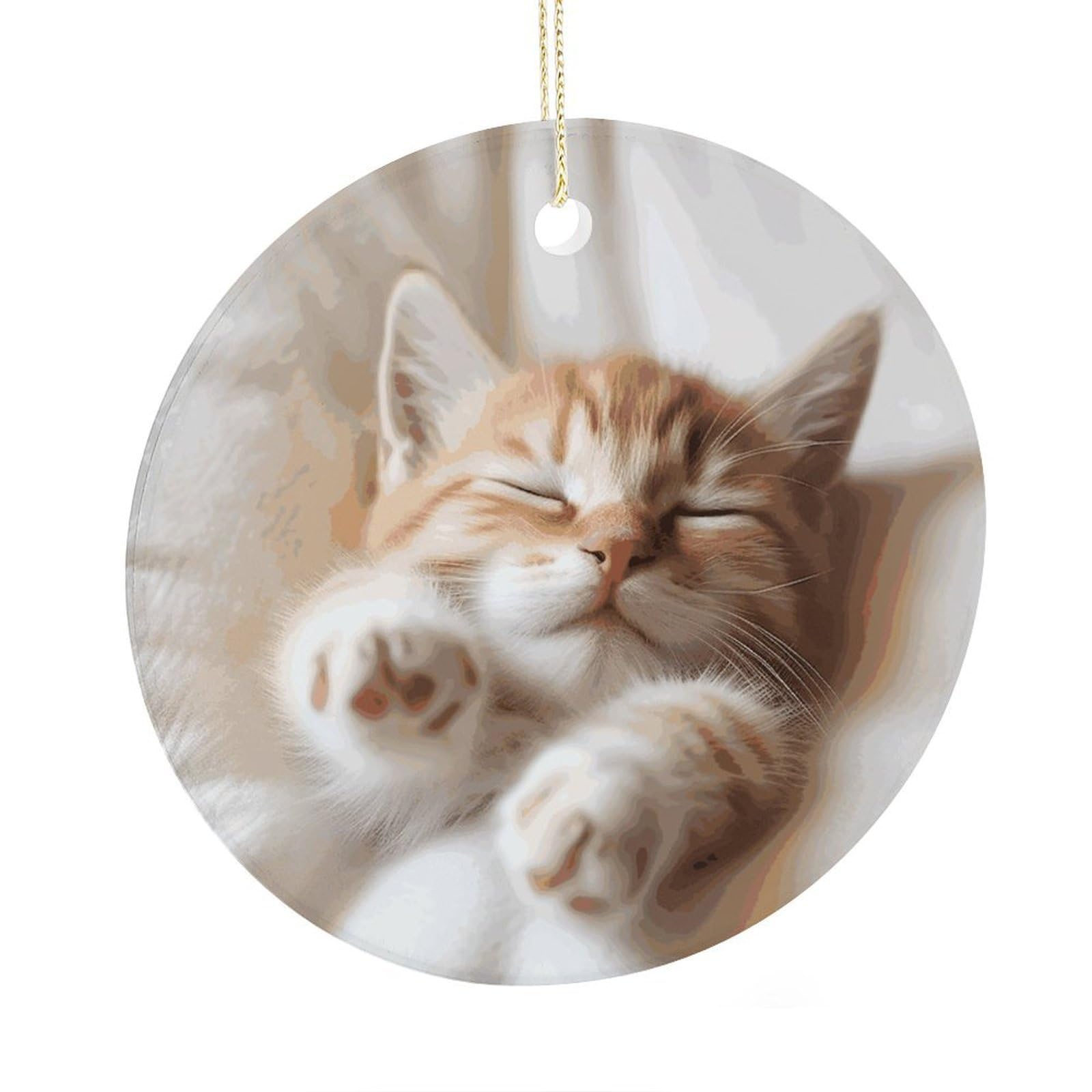 Fekiloot Style Kitten Sleeps Christmas Ornaments 2.9 Inch Round Ceramic Ornament Keepsake Thank You Gifts For Office, Room, Home - Holiday Present Ideas