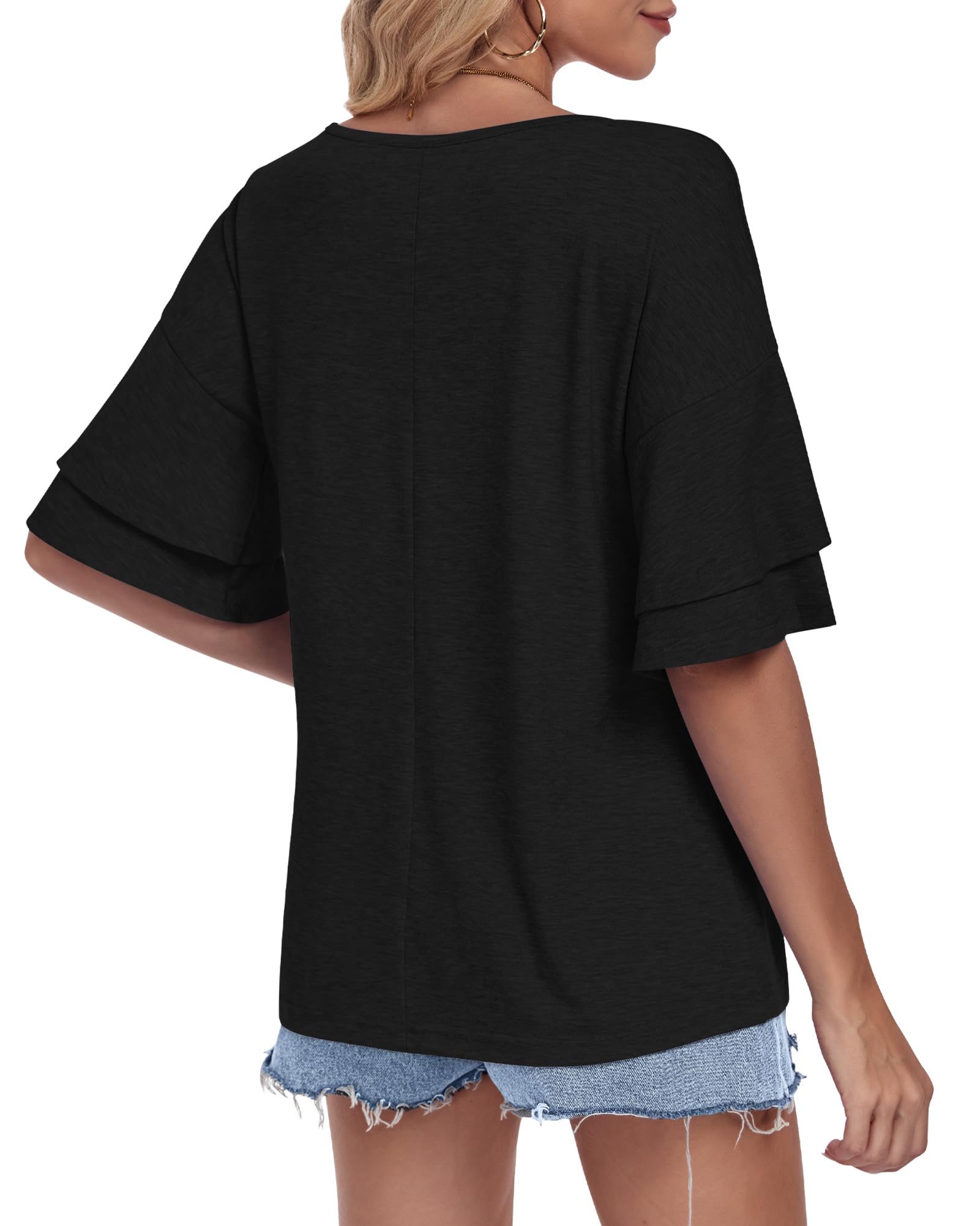 WNEEDU Tee Shirt Femme Col V Manches à Volants Blouses Femme Manches Courtes Été Haut Élégant Décontracté Ample Tunique Top