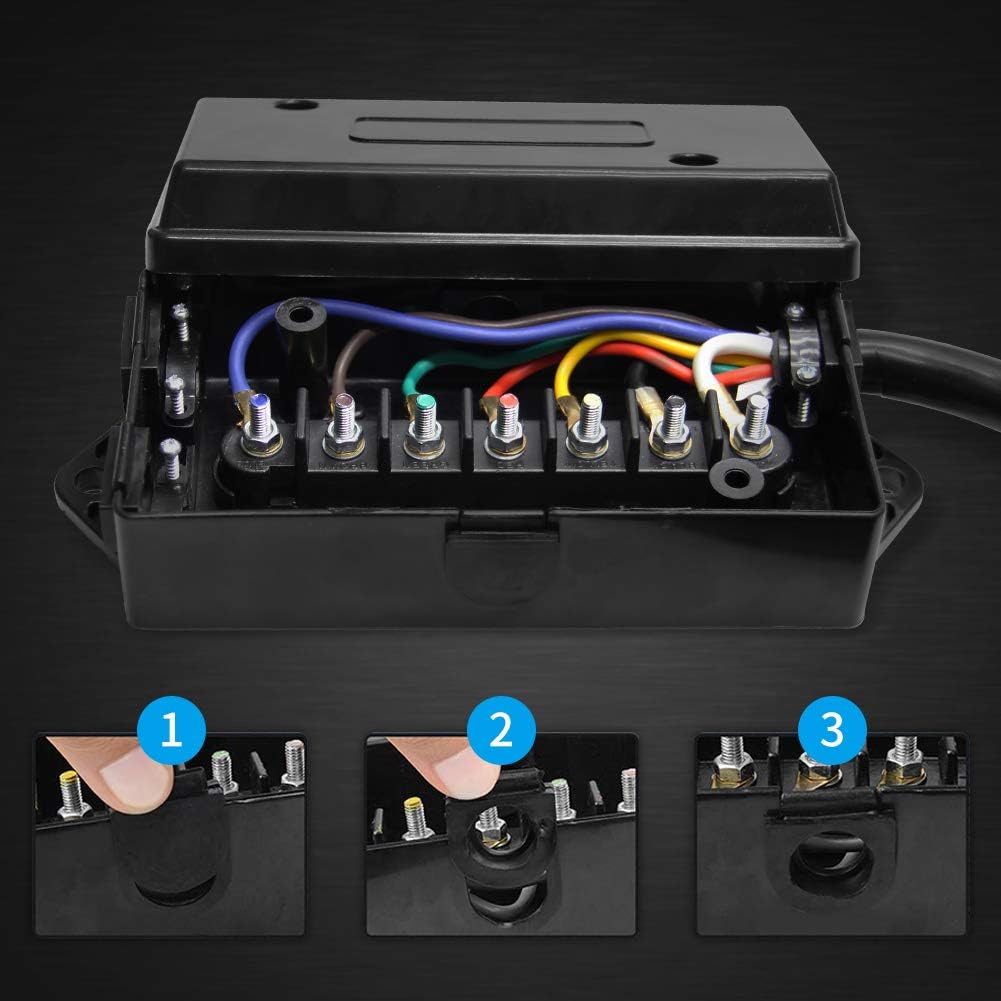 7 Way Trailer Plug 8 Feet Heavy Duty Inline Trailer Cord with 7 Gang Wiring Junction Box Weatherproof 7 Pin Trailer Wiring Harness for Campers Caravans Vans