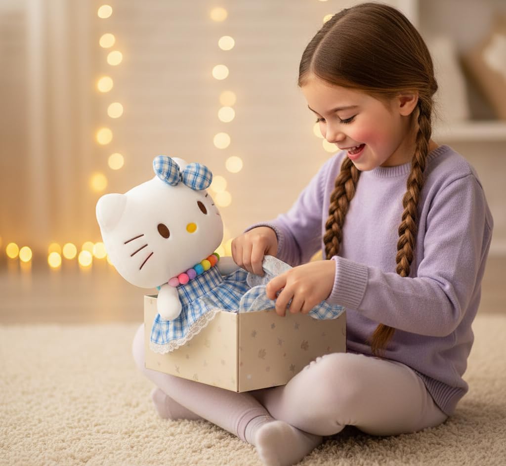AlphaDesignLuxe 12″ Blue Dress Kitty Plush Toy – Kawaii Cat Stuffed Animal, Soft Plush Doll Gift for Kids, Teens & Collectors