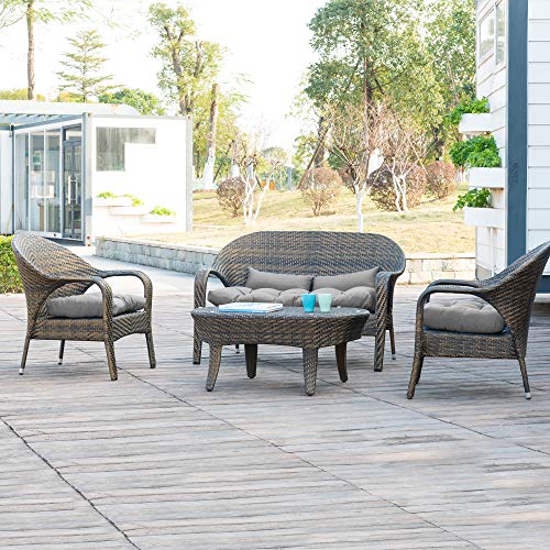 Image of QILLOWAY Outdoor Wicker Cushion Set of 5 - Waterproof Fade Resistant Patio Furniture Cushions, Loveseat 2 U-Shape 2 Lumbar Pillows for Porch, Bench, Backyard, Garden, Grey