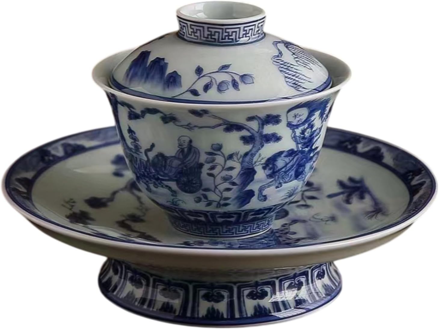 仿古陶瓷复古风中式青花瓷三才盖碗手工 Ceramic Kung Fu Tea Set,teapot,Teacups,warming Wedding Birthday Gift,Tea Tray Chinese,Dishwasher Safe 鬼谷子