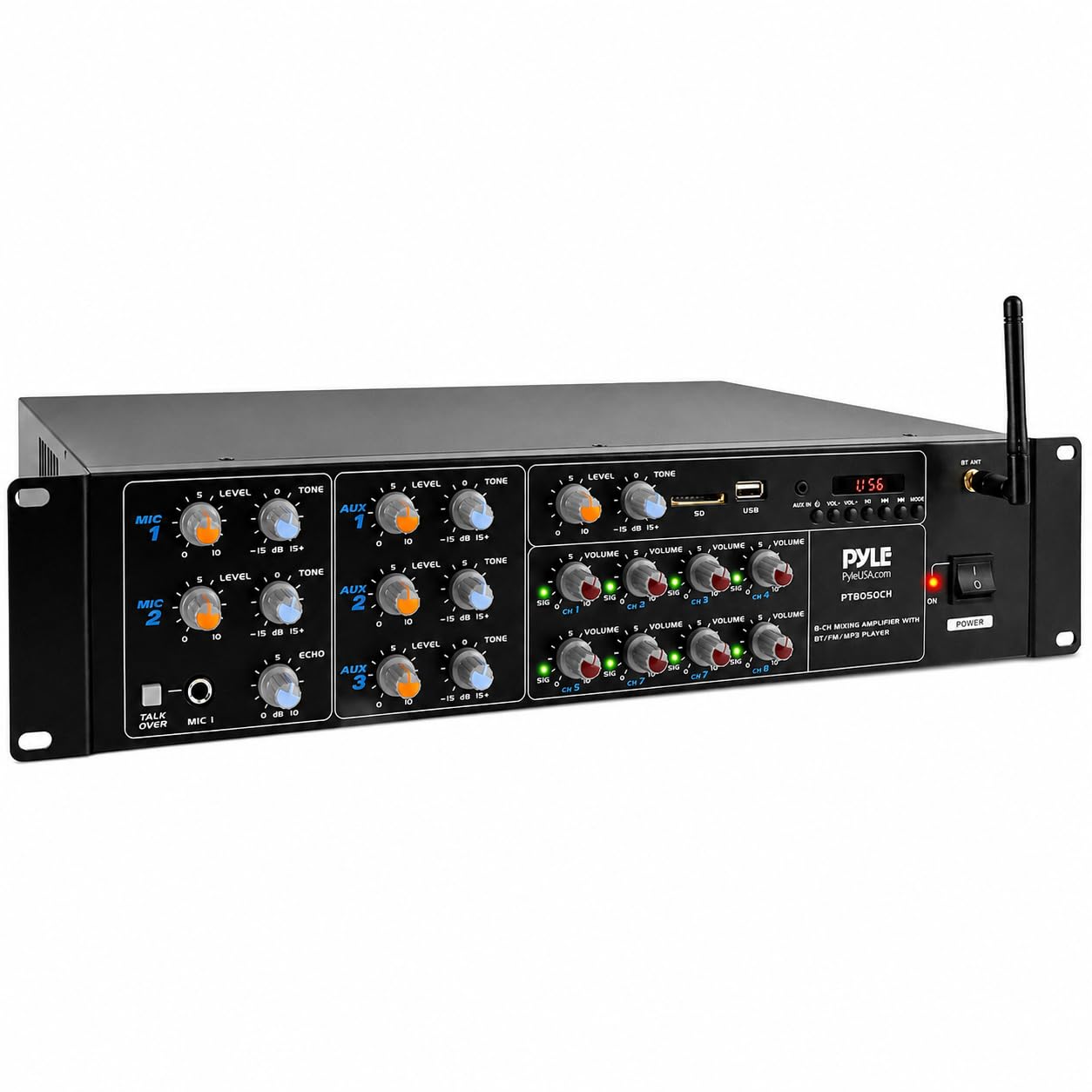 Pyle Mischverstärker, 8-Kanal Bluetooth HiFi Verstärker/Endstufe 4000W mit Mikrofon mit Talkover, RCA, USB, AUX für Lautsprecher, Karaoke, Party & Konferenz