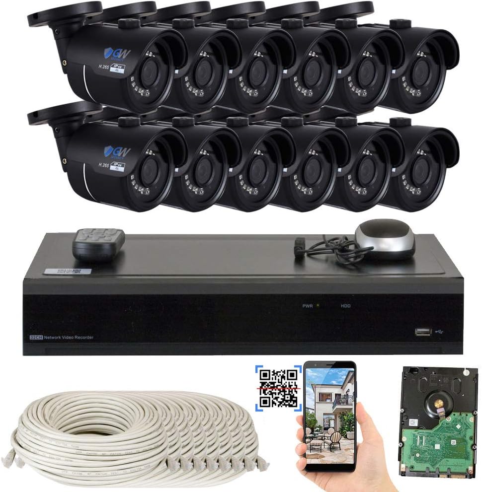 GW 16 Channel H.265 4K NVR 16-Megapixel Security Camera System, 12pcs 8MP PoE 3.6mm Wide Angle Indoor Bullet 4K IP Cameras, 4TB Hard Drive